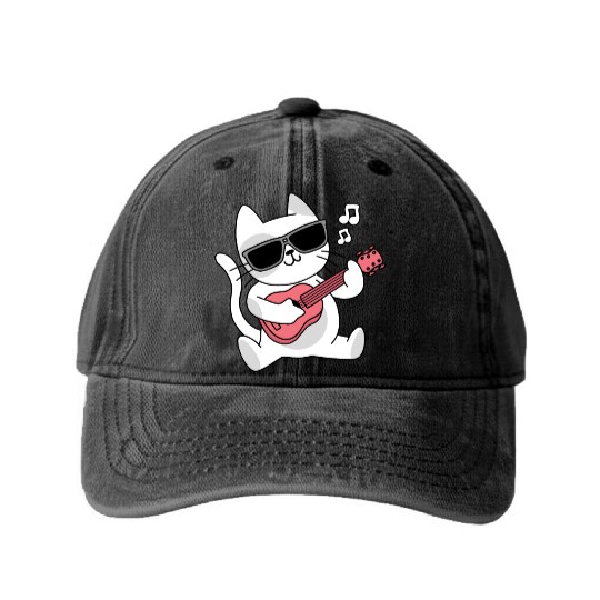 Cute Kitten Music Lover Guitarist Musician Cat Washed Denim Baseball Caps