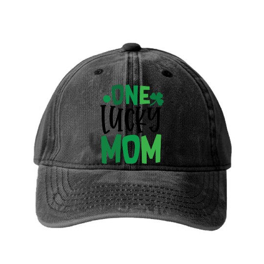 One Lucky Mom Clover Shamrock Irish Ireland Washed Denim Baseball Caps