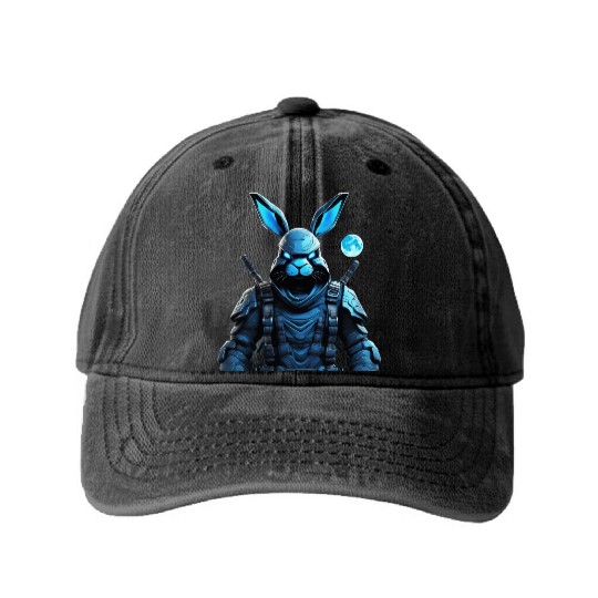 Cyber Ninja Hare: Blue-Grey Fierceness Unleashed Washed Denim Baseball Caps