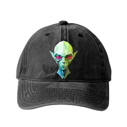Polygonal Alien: Portrait with Red Eyes Washed Denim Baseball Caps