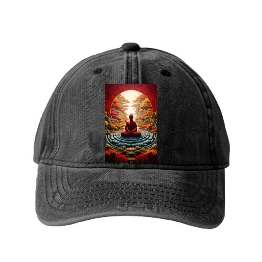Buddha Serenity: Zen Garden Retreat Washed Denim Baseball Caps