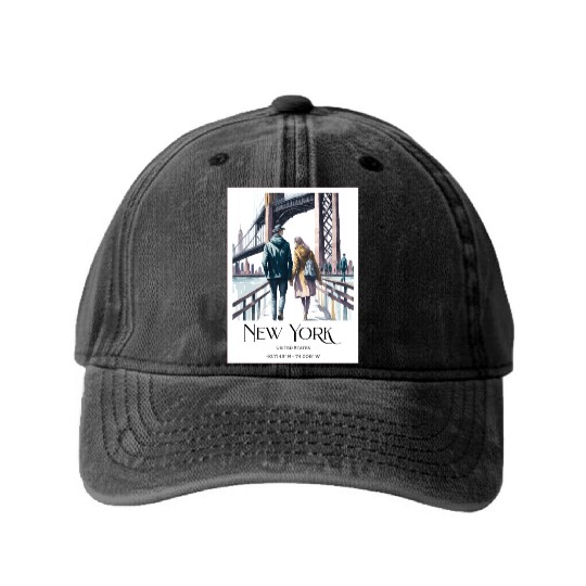 Watercolor painting loving couple in New York City Washed Denim Baseball Caps
