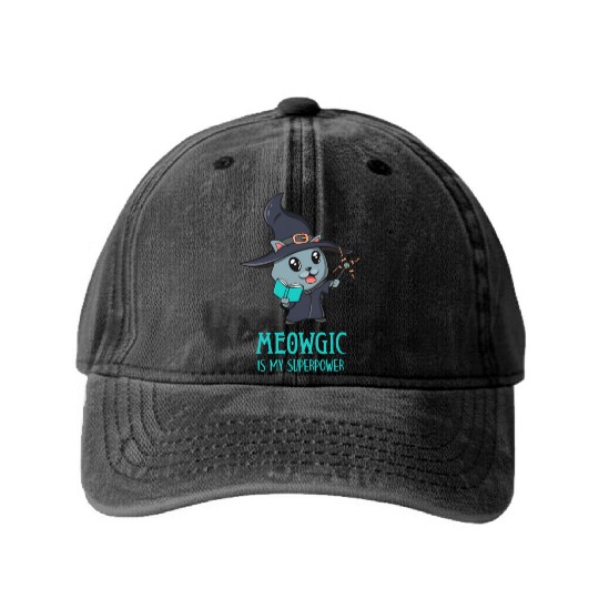 Cute Cat Magic Wizard Kitty Funny Gamer Washed Denim Baseball Caps