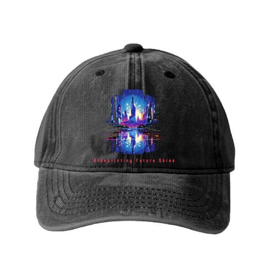 Futuristic Cyberpunk City Skyline Washed Denim Baseball Caps