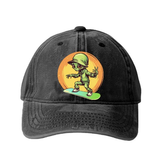 Alien on a Space Skateboard at Sunset Washed Denim Baseball Caps