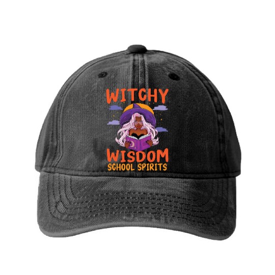 Witchy Wisdom School Spirits Teacher Halloween Washed Denim Baseball Caps
