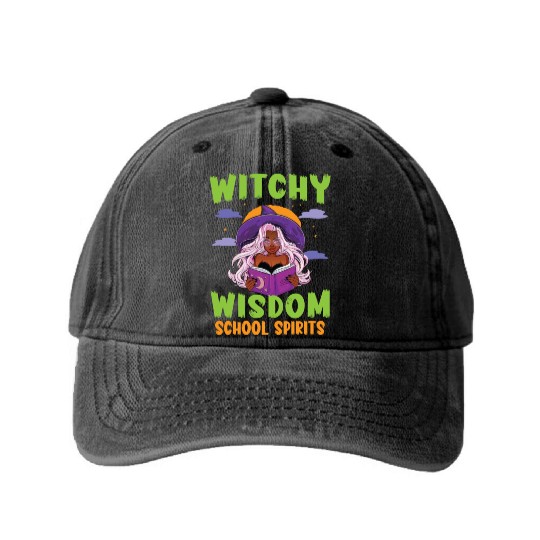 Witchy Wisdom School Spirits Teacher Halloween Washed Denim Baseball Caps