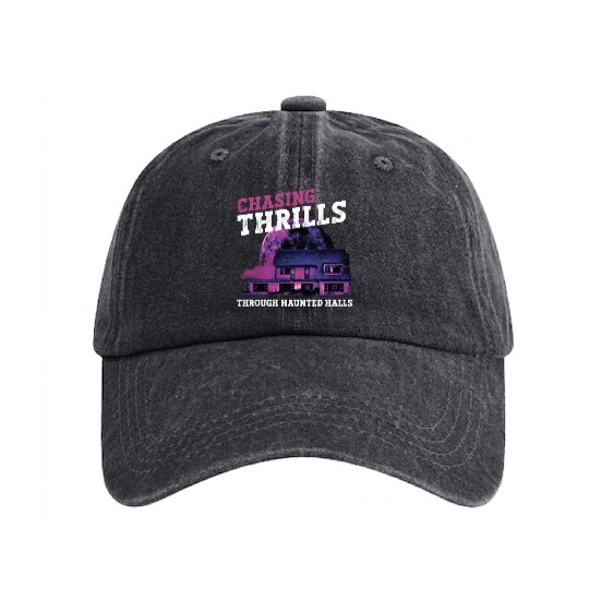 Horror Paranormal Haunted House Spooky Halloween Washed Denim Baseball Caps