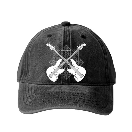 Bass Guitar Bassist Pattern Washed Denim Baseball Caps