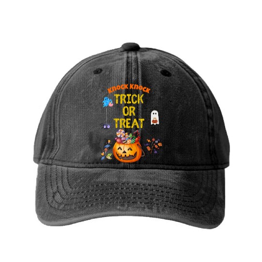 Knock Knock Trick Or Treat Halloween Costume Cute Washed Denim Baseball Caps
