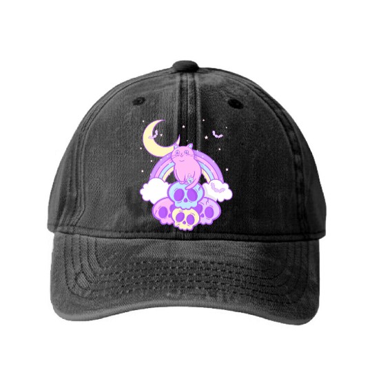 Pastel Goth Cat Skull Lover Cute Gothic Yami Washed Denim Baseball Caps