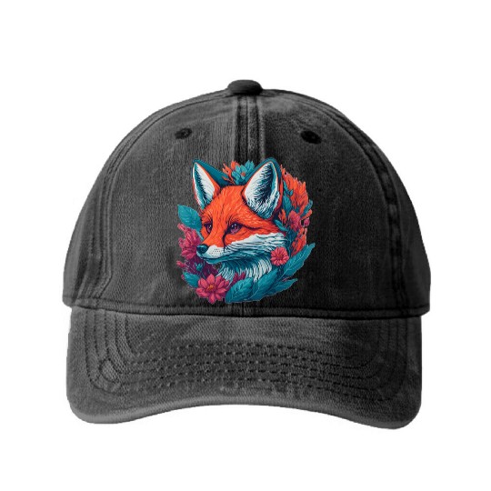 Fox Cub with Flowers Washed Denim Baseball Caps
