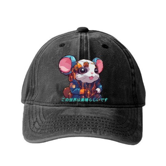R3d DataHam // Cyberpunk Hamster Washed Denim Baseball Caps