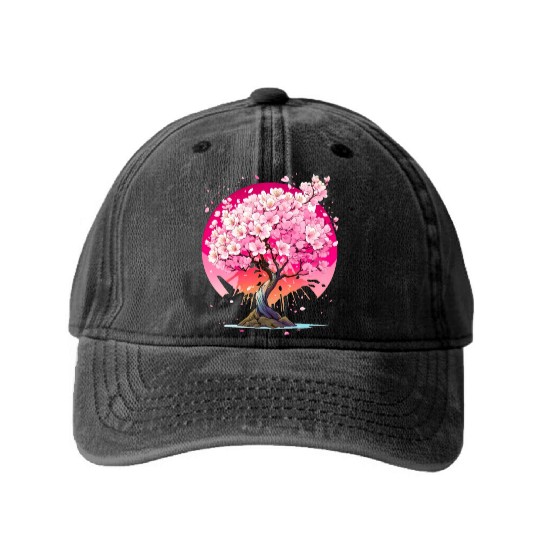 Cherry Blossom Washed Denim Baseball Caps