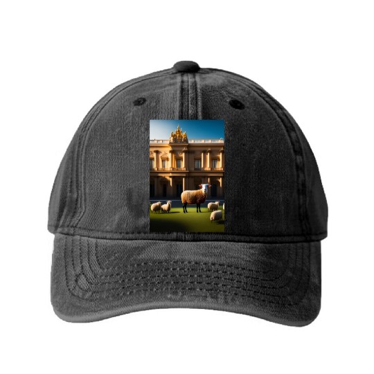 sheep in baroque armor in front of palace made of Washed Denim Baseball Caps