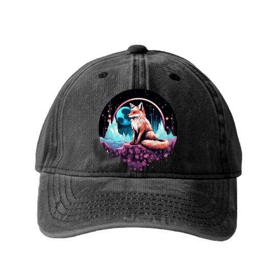 Celestial moon flower fox sitting tall Washed Denim Baseball Caps