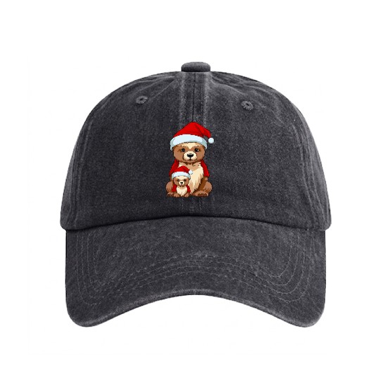 Adorable Festive Mama Bear and Cub: Christmas Hat Washed Denim Baseball Caps