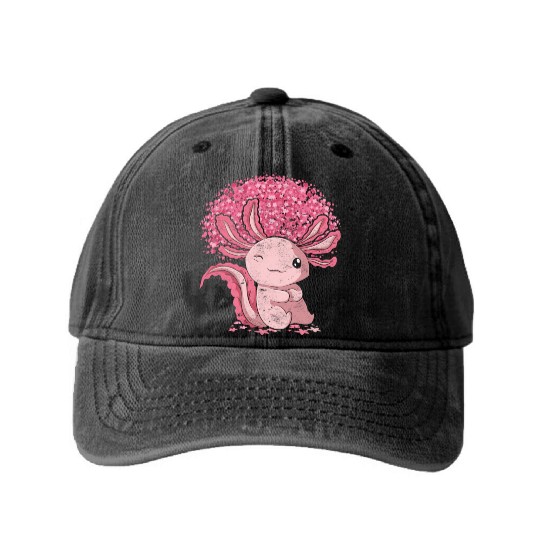Cherry Blossom Tree Amphibian Gift Sakura Axolotl Washed Denim Baseball Caps