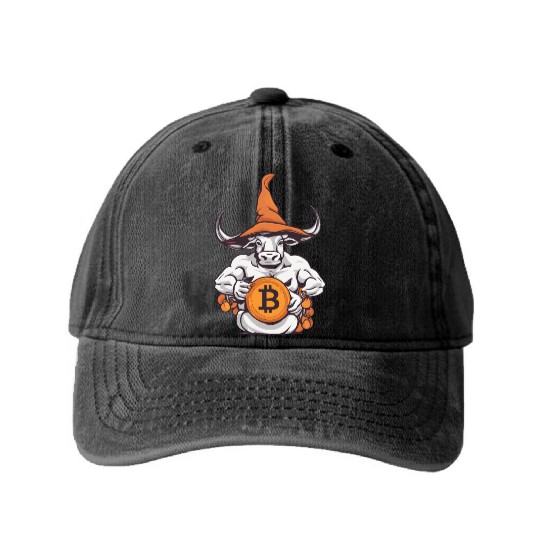 Halloween Bitcoin Wizard Bull Washed Denim Baseball Caps