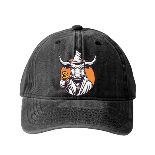 Halloween Bitcoin Wizard Bull Washed Denim Baseball Caps