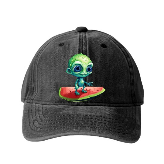 Green Alien Meets Watermelon: Exotic Encounter Washed Denim Baseball Caps
