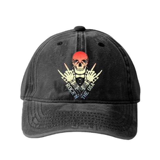 Rock n The Usa Rock Roll Skeleton Guitar Washed Denim Baseball Caps