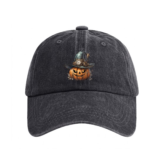 Steampunk Halloween: The pumpkin of the future Washed Denim Baseball Caps