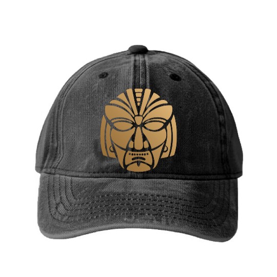 Aztec & Mayan Mask Logo: Minimalist Design Washed Denim Baseball Caps