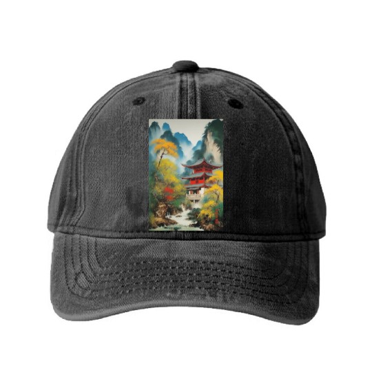Sailing Ship at Sunset Washed Denim Baseball Caps