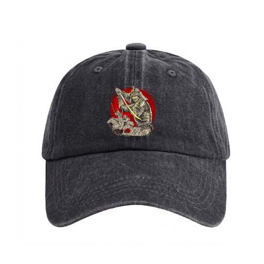 Samurai Silhouette: Duel Under the Crimson Moon Washed Denim Baseball Caps