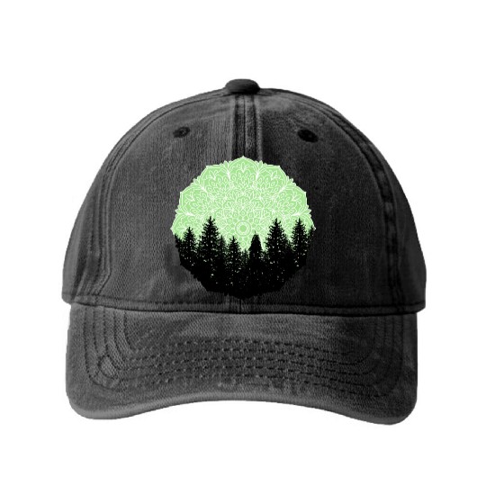 Green Forest Mandala Pacific Northwest Washed Denim Baseball Caps