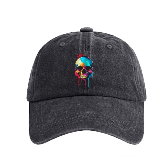 Psychedelic skull meltdown Washed Denim Baseball Caps