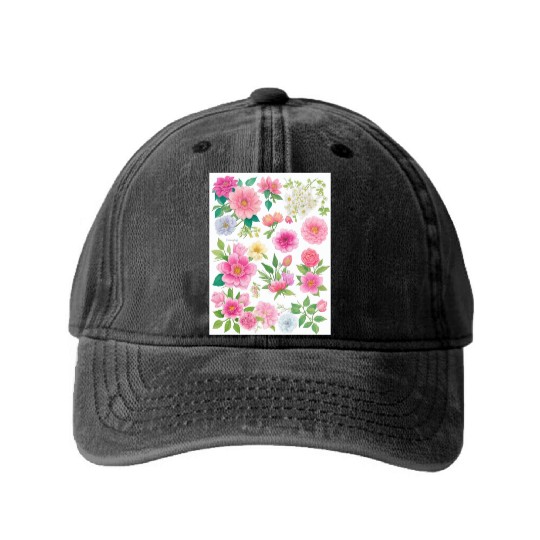 Lavender and Lilac Spring Flowers Washed Denim Baseball Caps