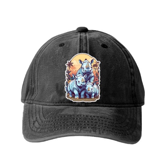 Rhinos Kawaii Washed Denim Baseball Caps
