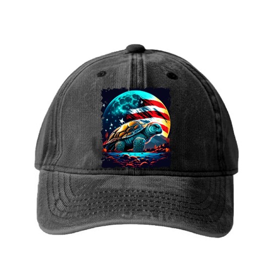 America turtle under Moon with American Flag Washed Denim Baseball Caps