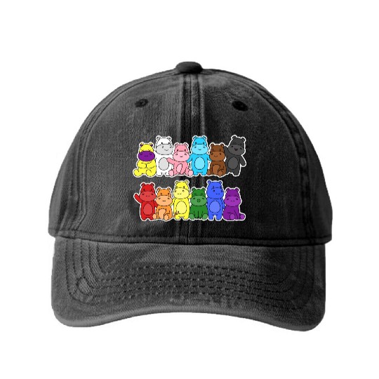Pride Progress Flag Hippo Design for Equality Washed Denim Baseball Caps
