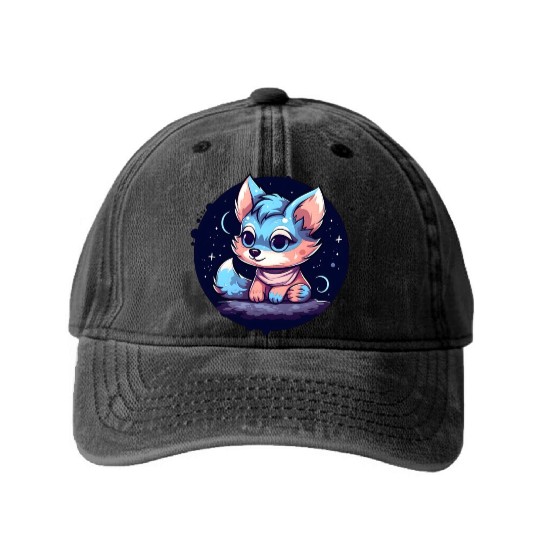 Digital Art Fox Sitting on Rock Crescent Moon Washed Denim Baseball Caps