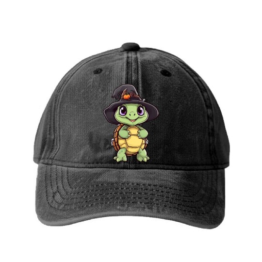 Cute Halloween turtle with a witch hat. Washed Denim Baseball Caps