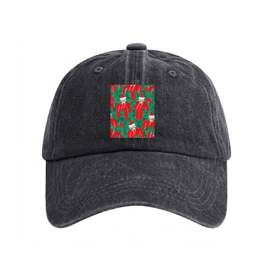 Ugly Red Santa Claus Candy Cane Pattern Washed Denim Baseball Caps
