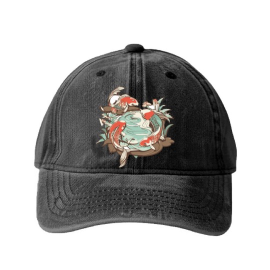 Tranquil Oasis: Koi Pond Serenity Washed Denim Baseball Caps