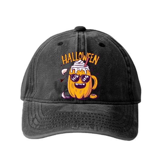 Halloween Funny Pumpkin Lemon Latte Washed Denim Baseball Caps