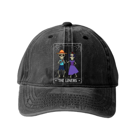 The Lovers Tarot Card Got Skeleton Skull Halloween Washed Denim Baseball Caps