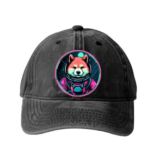 Akita Inu Cosmic Space Dogs Neon Galaxy Astronaut Washed Denim Baseball Caps