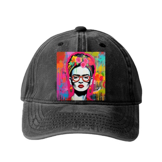 Frida Kahlo style urban art colorfull graffiti Washed Denim Baseball Caps