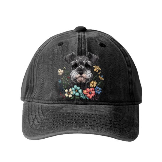 Miniature Schnauzer Flower Garden Cute Puppy Dog Washed Denim Baseball Caps