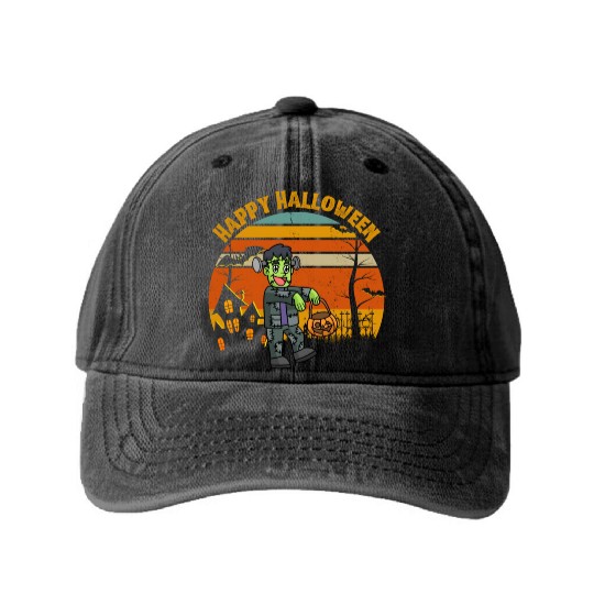 Happy Halloween. Spooky Ghost Skeleton Zombie Witc Washed Denim Baseball Caps