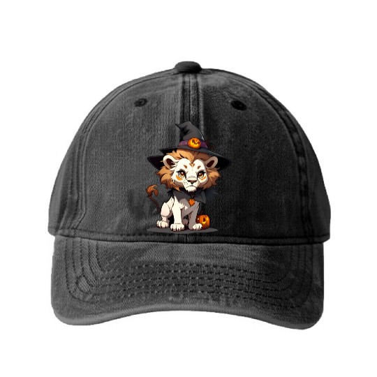 Cute Halloween lion with a witch hat. Washed Denim Baseball Caps