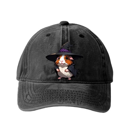 Cute Halloween guinea pig with a witch hat. Washed Denim Baseball Caps