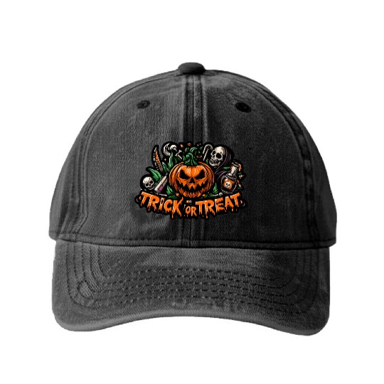trick or treat halloween pumpkin horror face Washed Denim Baseball Caps
