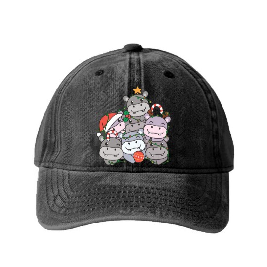 Hippo Christmas Tree Funny Animal Christmas Washed Denim Baseball Caps